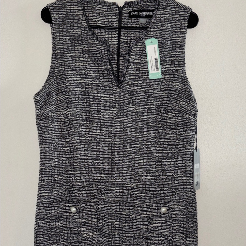 Karl Lagerfeld Black & White Tweed Sheath Dress with Front Pocket Buttons